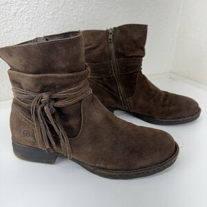 BORN 'Cross' Distressed Brown Suede Leather Fring Slouchy Ankle Boots Sz. 10M